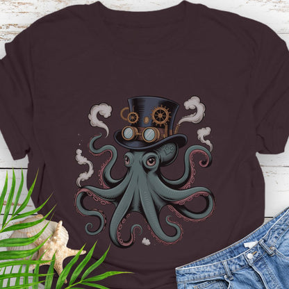 Chocolate Brown T-shirt featuring a steampunk-style octopus with gears, tentacles, and mechanical detailing.