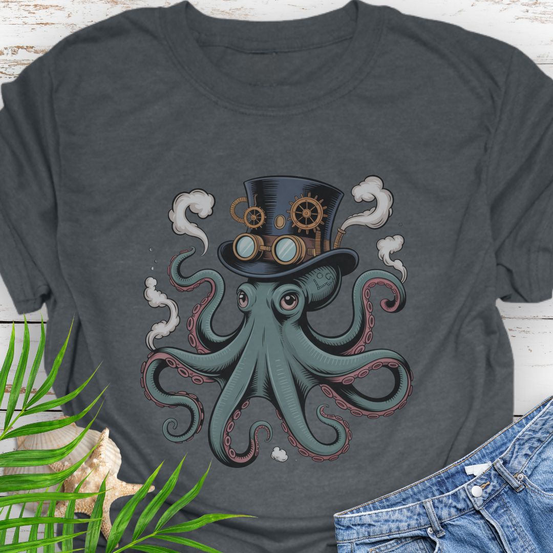 Dark Heather T-shirt featuring a steampunk-style octopus with gears, tentacles, and mechanical detailing.