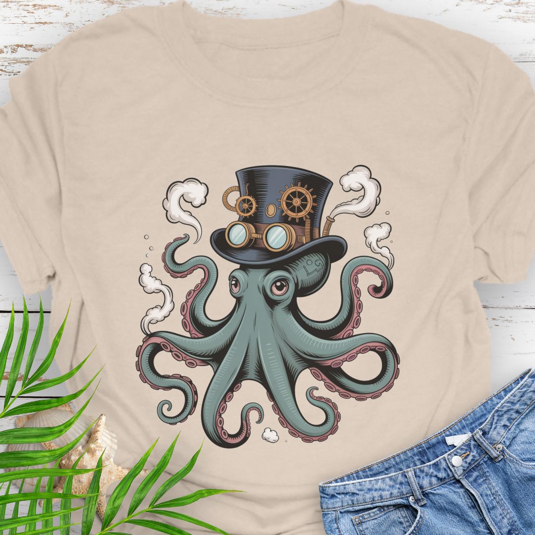 Sand T-shirt featuring a steampunk-style octopus with gears, tentacles, and mechanical detailing.