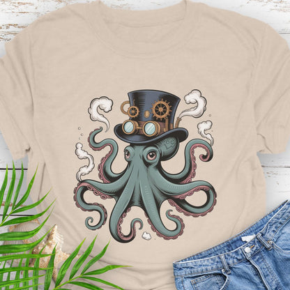 Sand T-shirt featuring a steampunk-style octopus with gears, tentacles, and mechanical detailing.