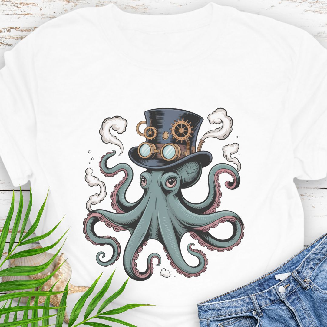 White T-shirt featuring a steampunk-style octopus with gears, tentacles, and mechanical detailing.