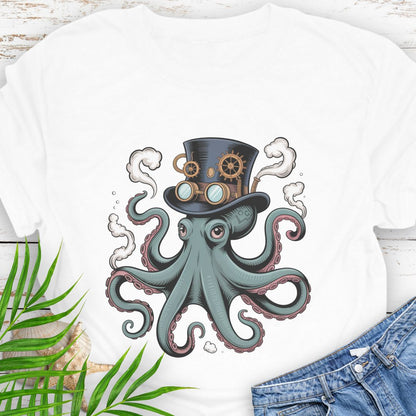White T-shirt featuring a steampunk-style octopus with gears, tentacles, and mechanical detailing.