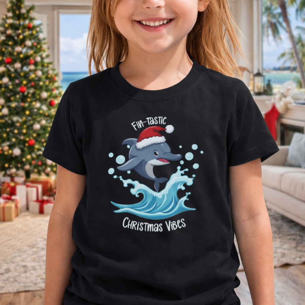 Child wearing a black youth t-shirt with dolphin wearing a Santa hat jumping over a wave and text “Fin-tastic Christmas Vibes”