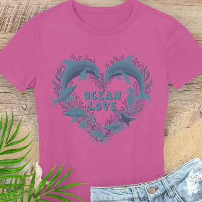 Pink 'Ocean Love' woman's t-shirt with dolphin heart design.