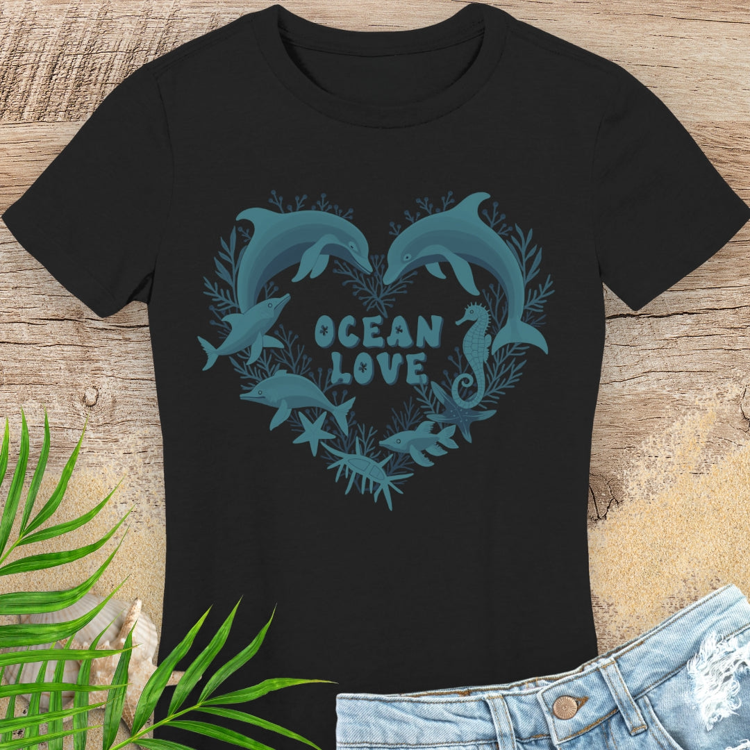 Black 'Ocean Love' woman's t-shirt with dolphin heart design.