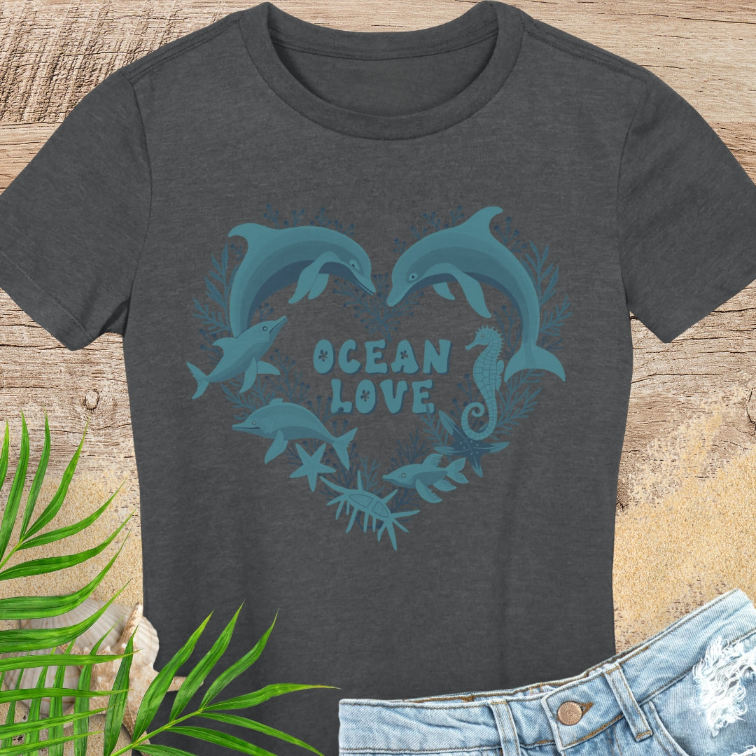 Dark gray 'Ocean Love' woman's t-shirt with dolphin heart design.