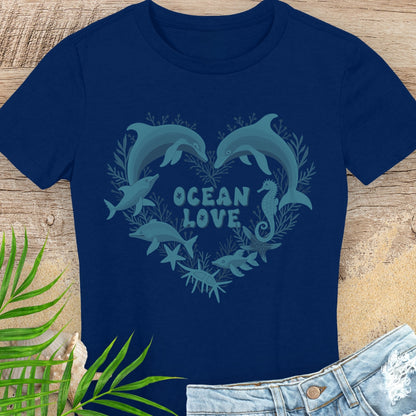 Navy blue t-shirt with dolphin design and 'Ocean Love'.