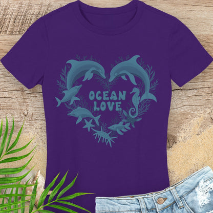 Purple woman's t-shirt with 'Ocean Love' design featuring dolphins.