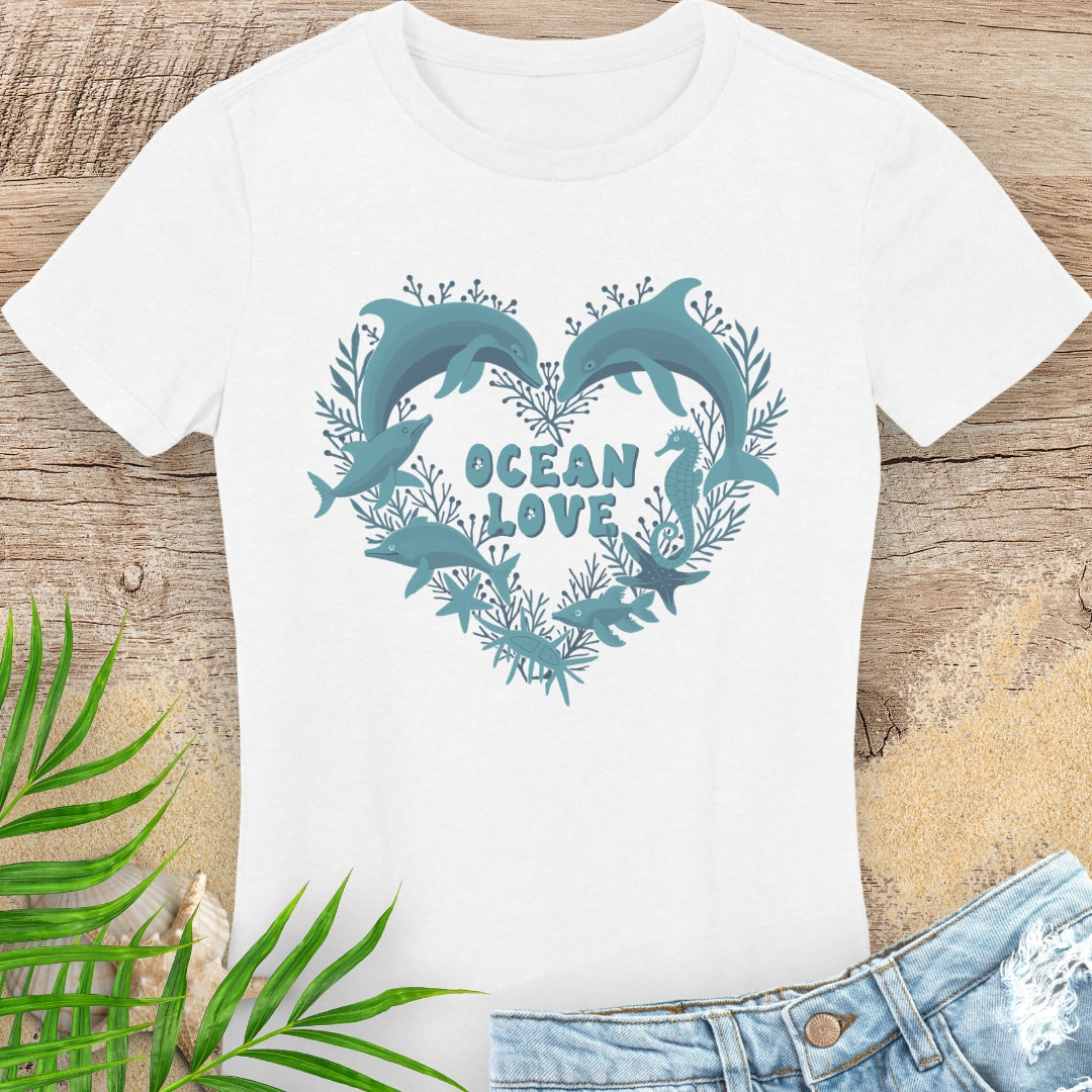 White 'Ocean Love' woman's t-shirt with dolphin heart design.