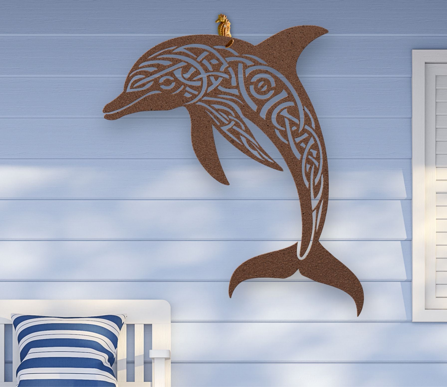 Copper metal wall art featuring a dolphin silhouette with detailed Celtic knot design inside, crafted from steel and available in various sizes and colors.