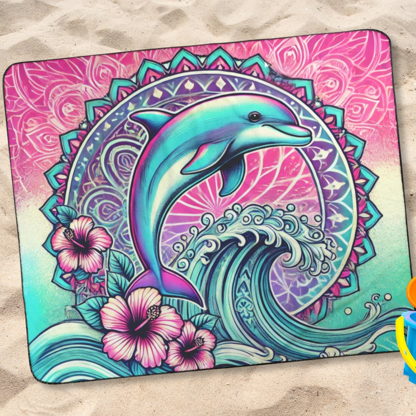 Beach Blanket with waves and dolphin in pink and aqua