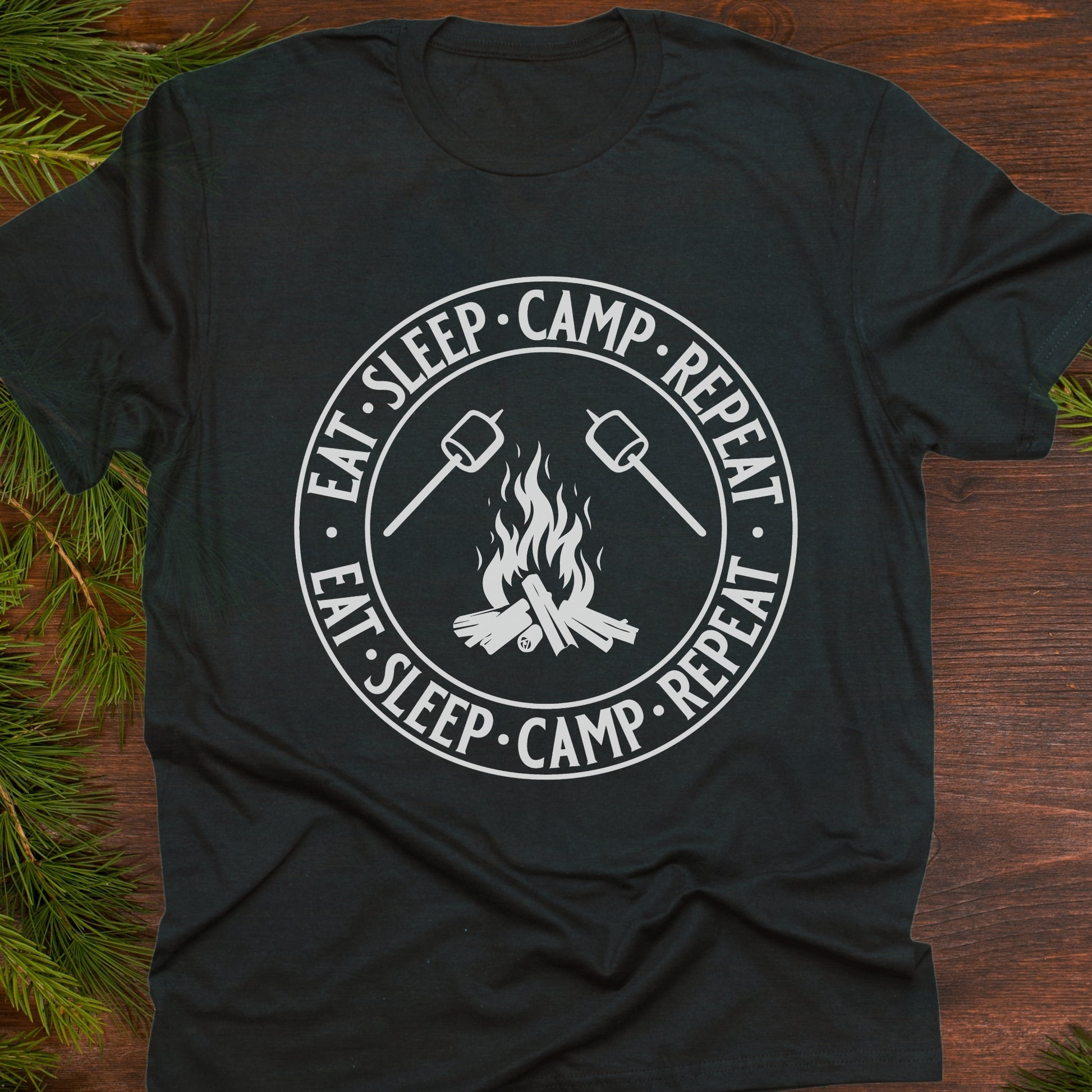Black  t-shirt with 'Eat Sleep Camp Repeat' graphic.