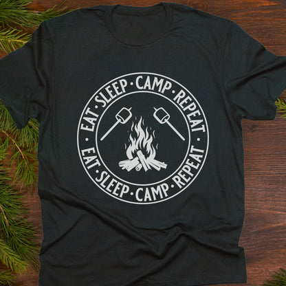 Black  t-shirt with 'Eat Sleep Camp Repeat' graphic.