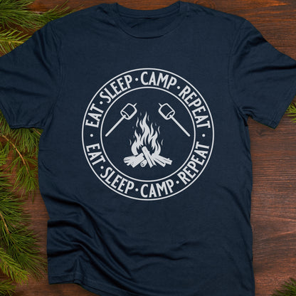 Navy blue  t-shirt with 'Eat Sleep Camp Repeat' graphic.