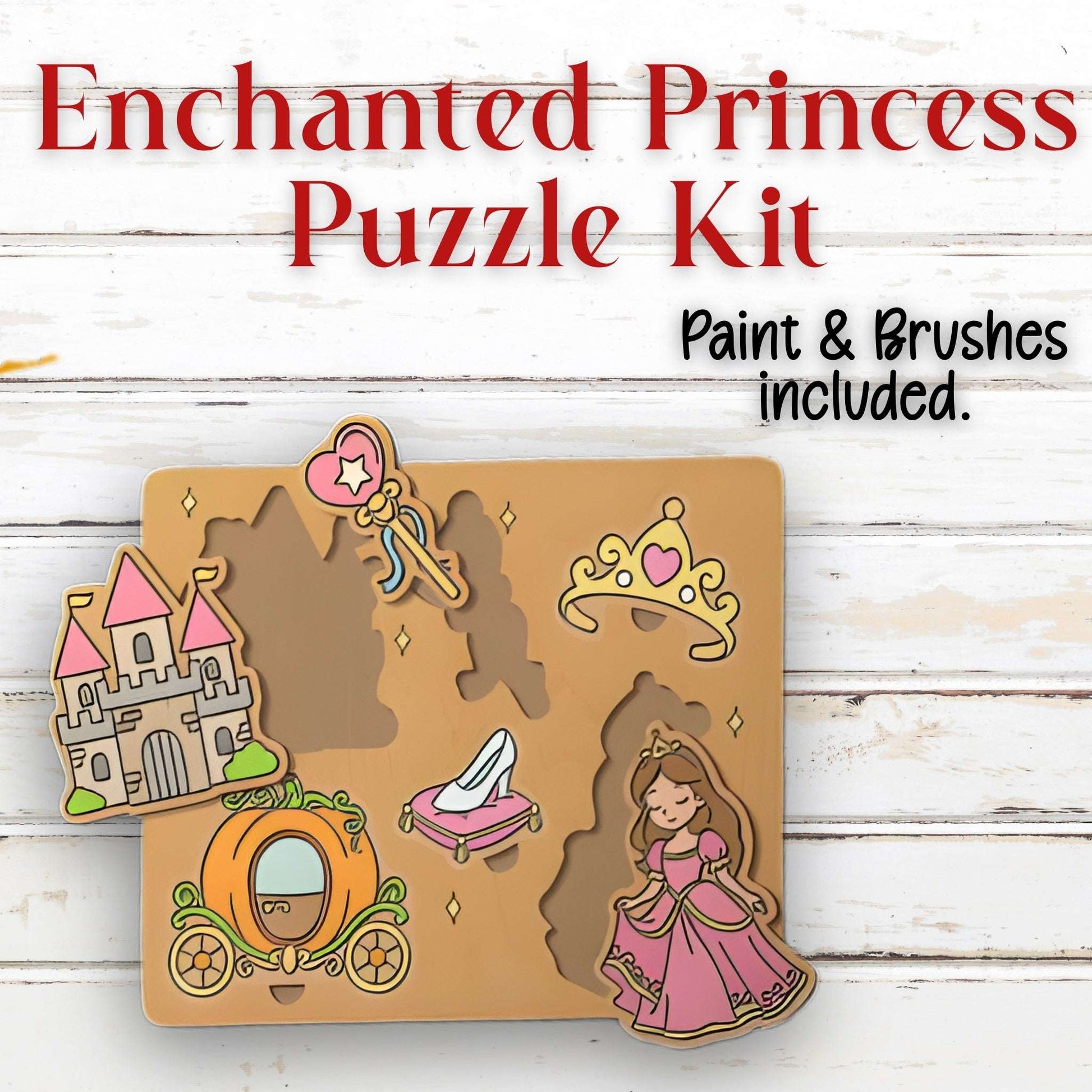 Enchanted Princess Puzzle Kit with paint and brushes on a wooden background