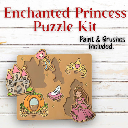 Enchanted Princess Puzzle Kit with paint and brushes on a wooden background