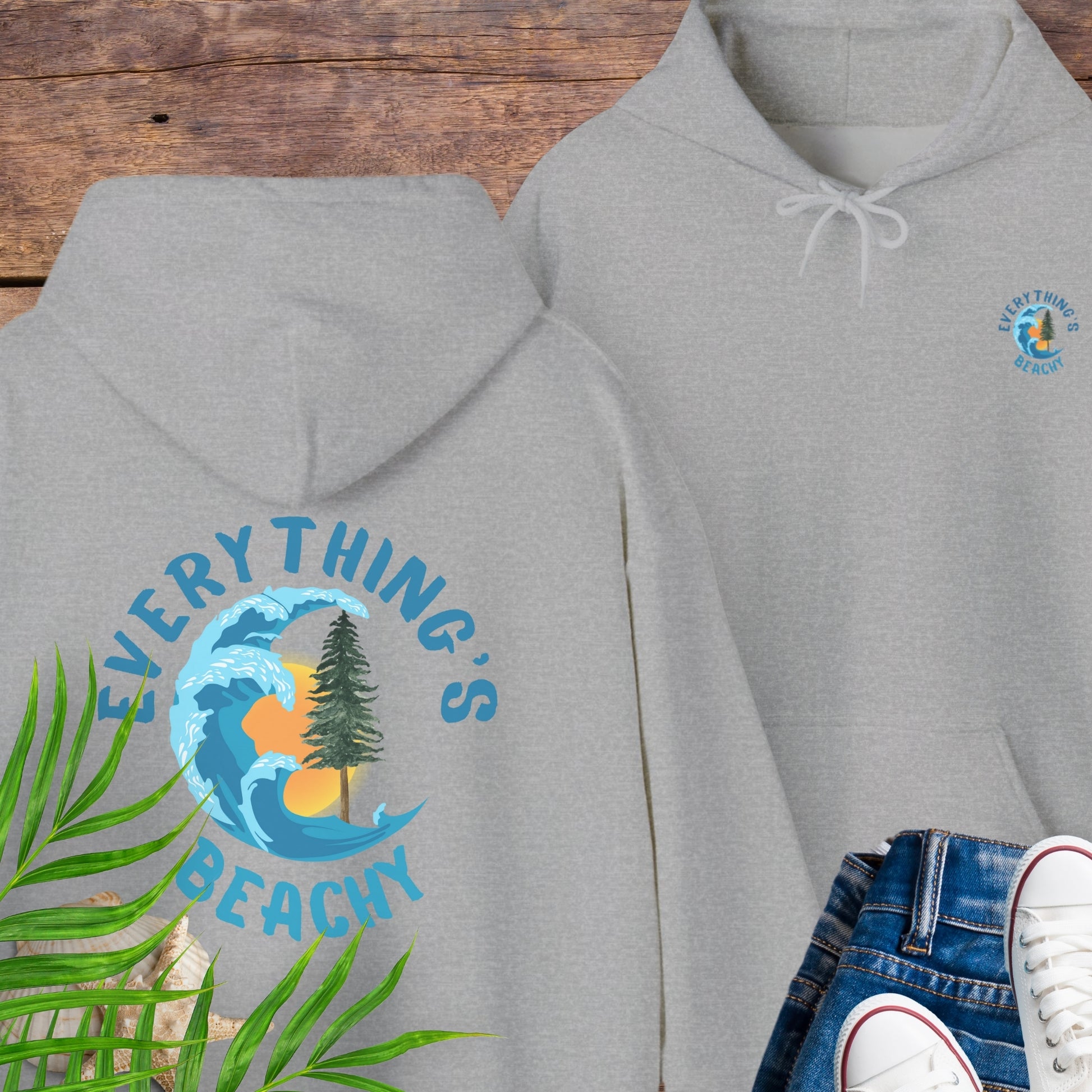 Gray Everything’s Beachy logo hoodie with front pocket logo and full back graphic.