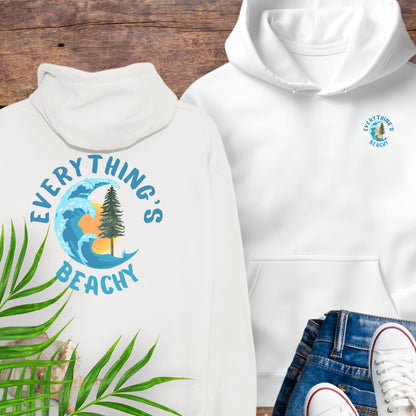 White Everything’s Beachy logo hoodie with front pocket logo and full back graphic.