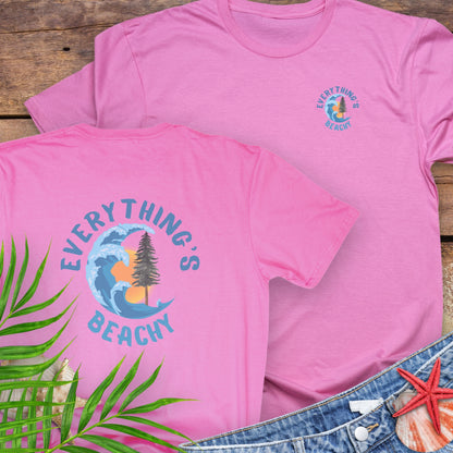 Pink t-shirt with Everything’s Beachy logo with wave, sun, and redwood graphic.