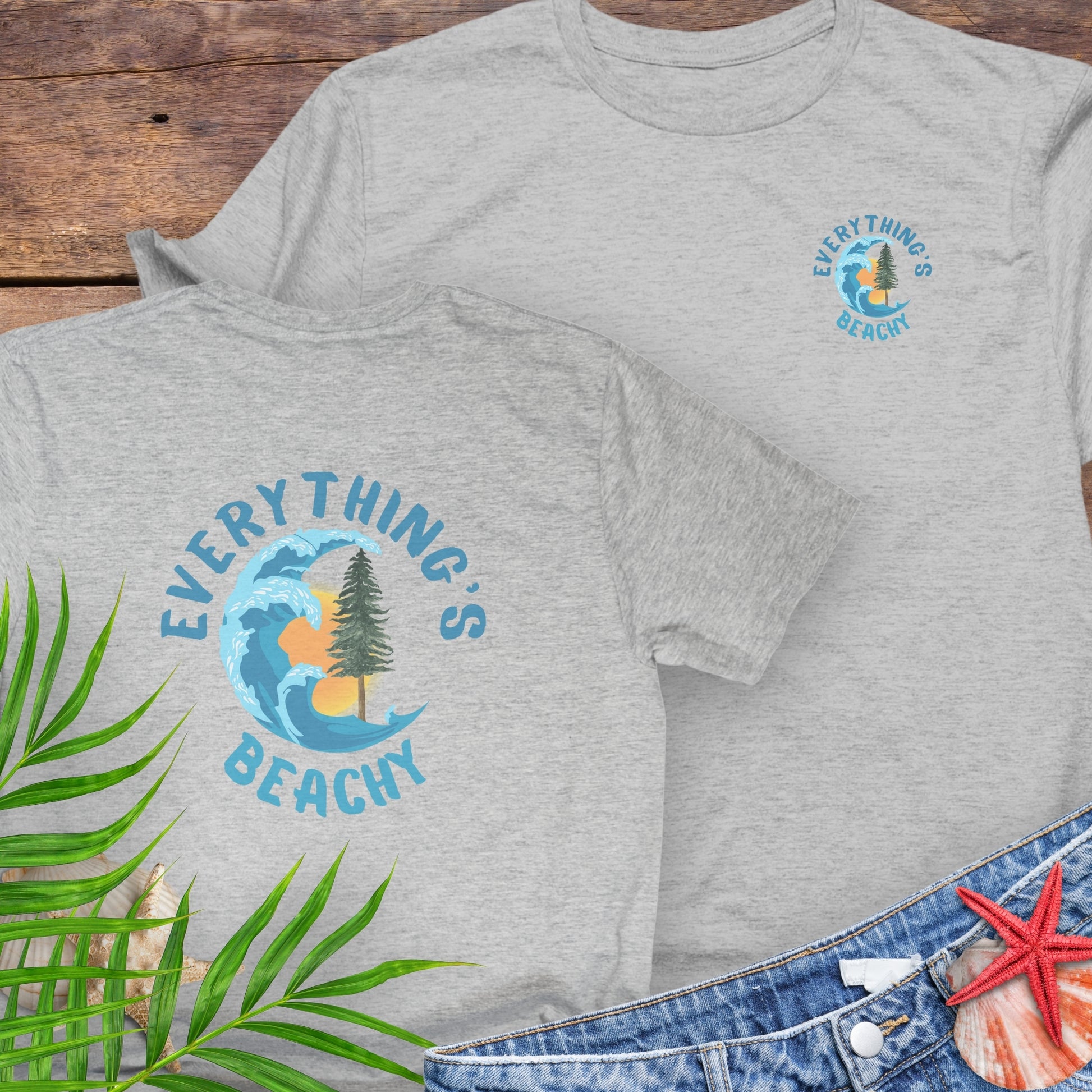 Gray t-shirts with Everything’s Beachy logo with wave, sun, and redwood graphic front and back.