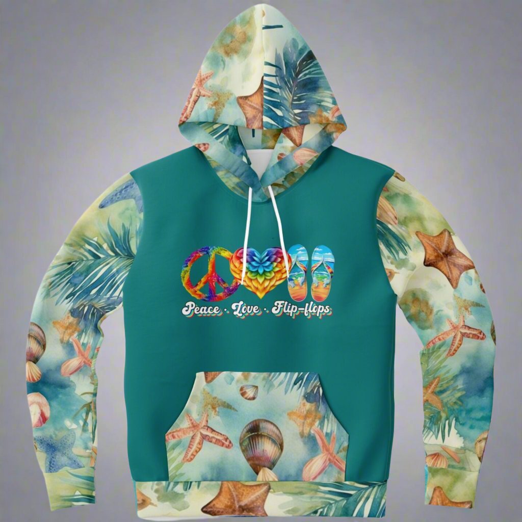 Back view of sweatshirt with teal back with seashell patterned sleeves  and hood Life is better in flip flops with graphic of beach scene flip flops.