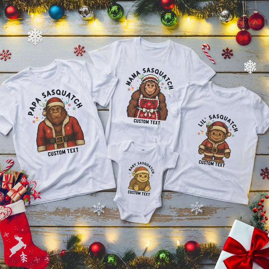 Set of Christmas-themed family shirts with cartoon Sasquatch characters with custom text.
