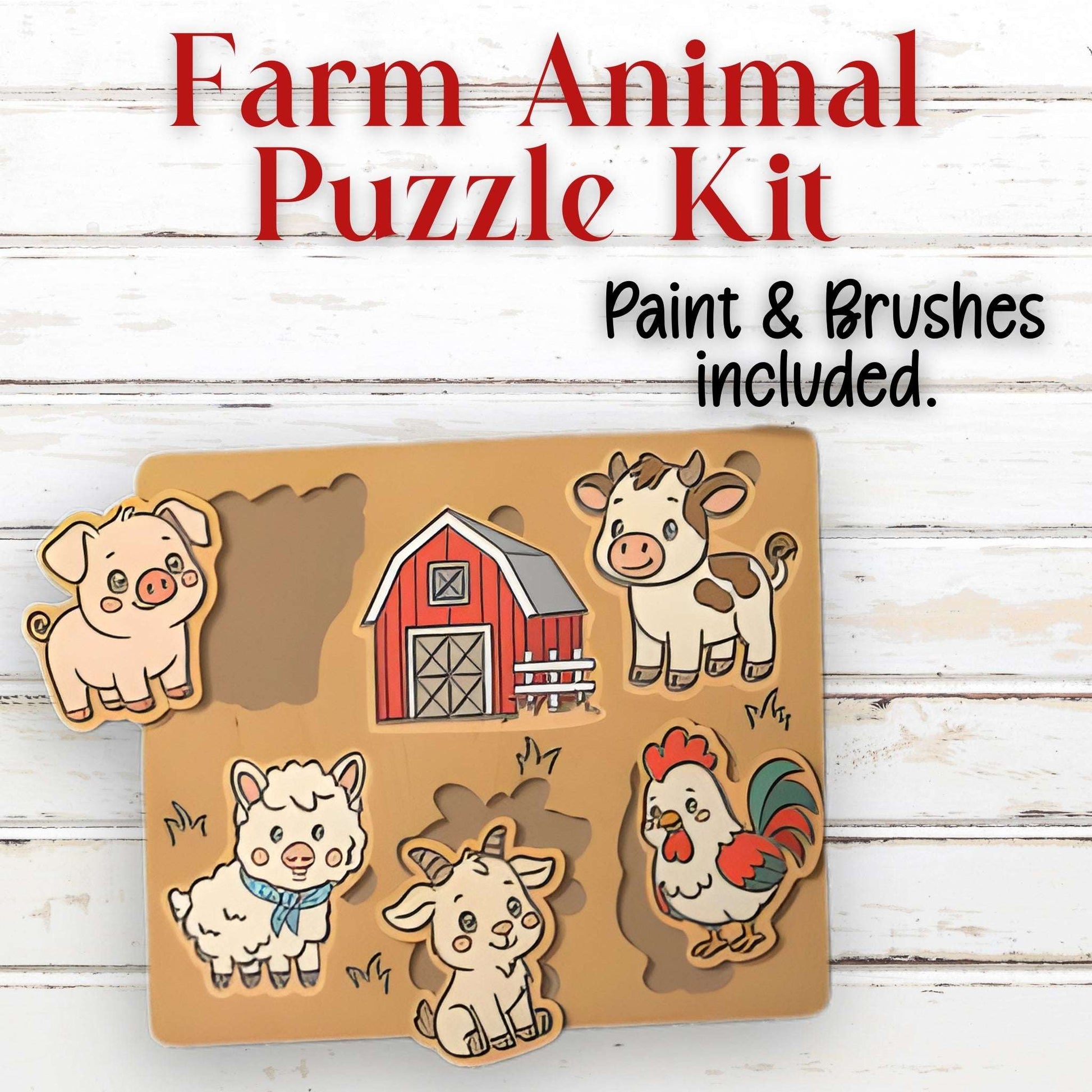 Farm animal puzzle kit with paint and brushes included on a wooden background