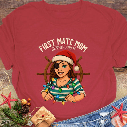 Red t-shirt with a cartoon pirate woman wearing a Santa hat and 'First Mate Mom' text with Christmas decorations that can be personalized.