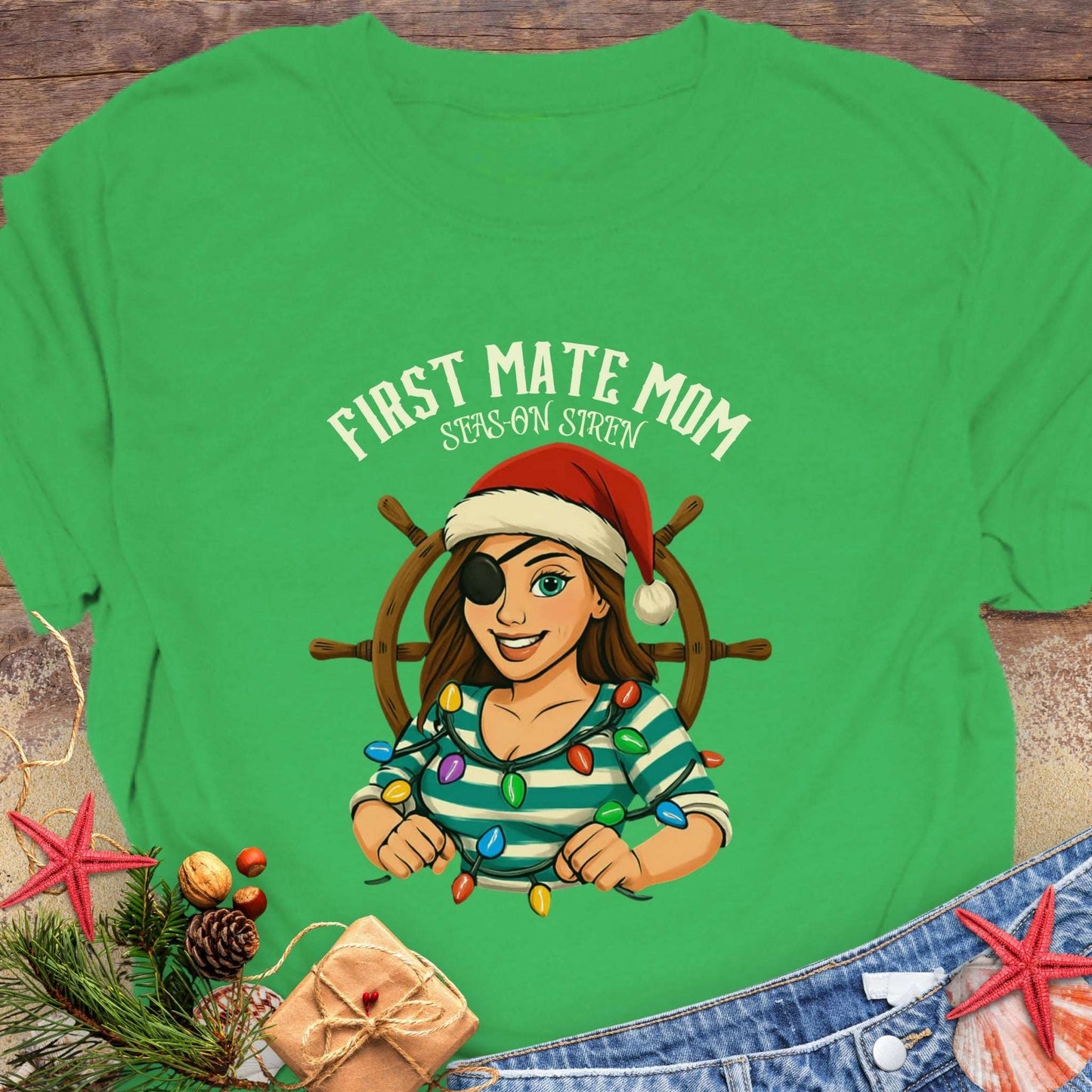 Green t-shirt with a pirate-themed design of 'First Mate Mom' that can be personalized.