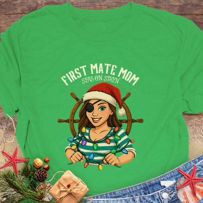 Green t-shirt with a pirate-themed design of 'First Mate Mom' that can be personalized.