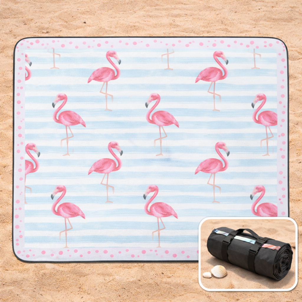 Flamingo-patterned beach blanket with it rolled-up as a tote inset.