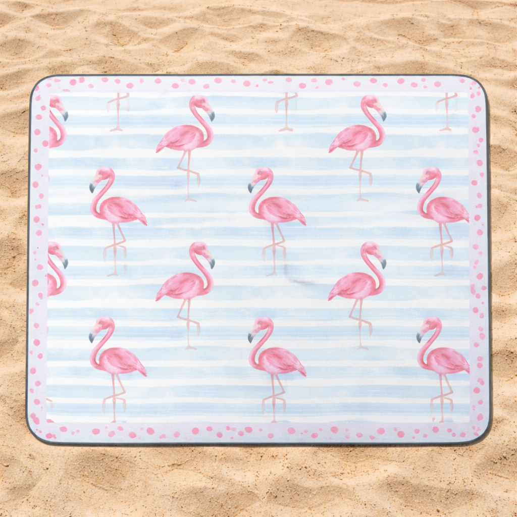 Flamingo-patterned outdoor beach blanket mat.