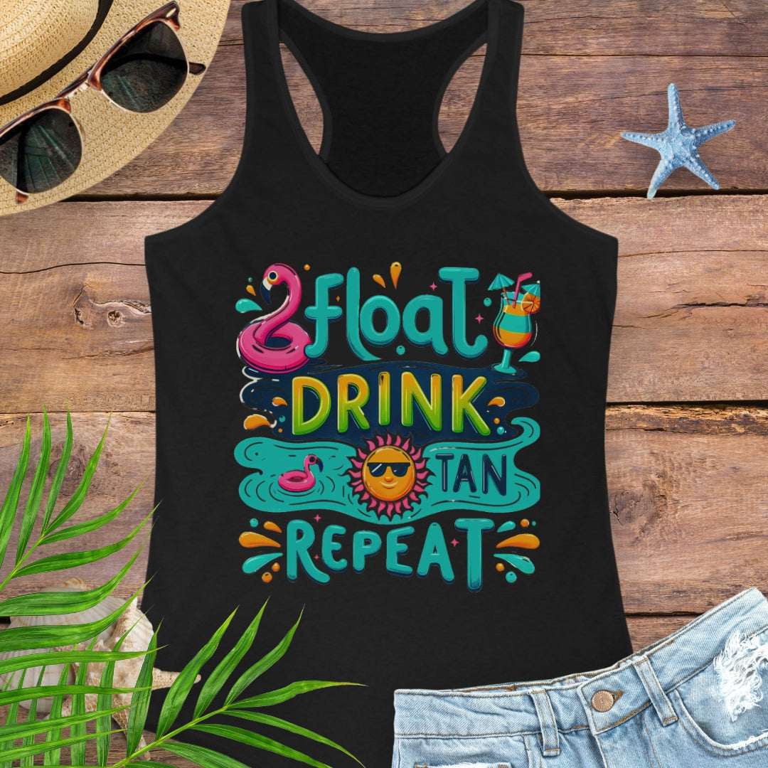 Black Float Drink Tan Repeat Racerback Tank featuring a fun, colorful design with a flamingo floaty, tropical cocktail, and a cool sun in shades.