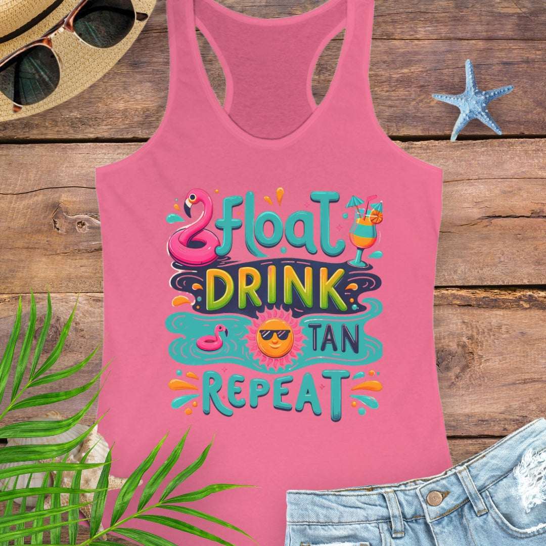 Hot Pink Float Drink Tan Repeat Racerback Tank featuring a fun, colorful design with a flamingo floaty, tropical cocktail, and a cool sun in shades.