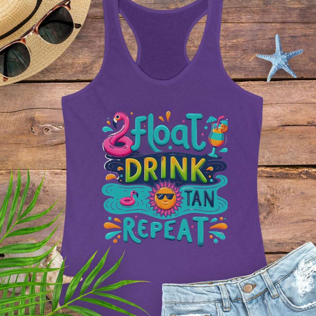 Purple Float Drink Tan Repeat Racerback Tank featuring a fun, colorful design with a flamingo floaty, tropical cocktail, and a cool sun in shades.
