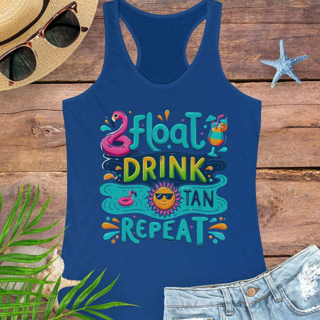 Royal blue Float Drink Tan Repeat Racerback Tank featuring a fun, colorful design with a flamingo floaty, tropical cocktail, and a cool sun in shades.
