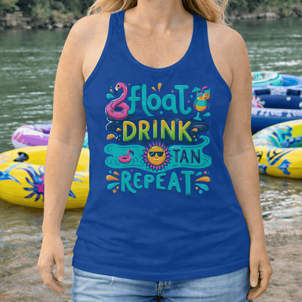 Woman wearing a blue Float Drink Tan Repeat Racerback Tank featuring a fun, colorful design with a flamingo floaty, tropical cocktail, and a cool sun in shades.