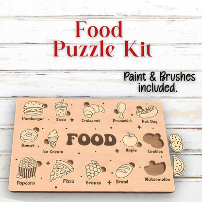 Wooden food-themed puzzle kit with illustrations and text on a wooden surface.