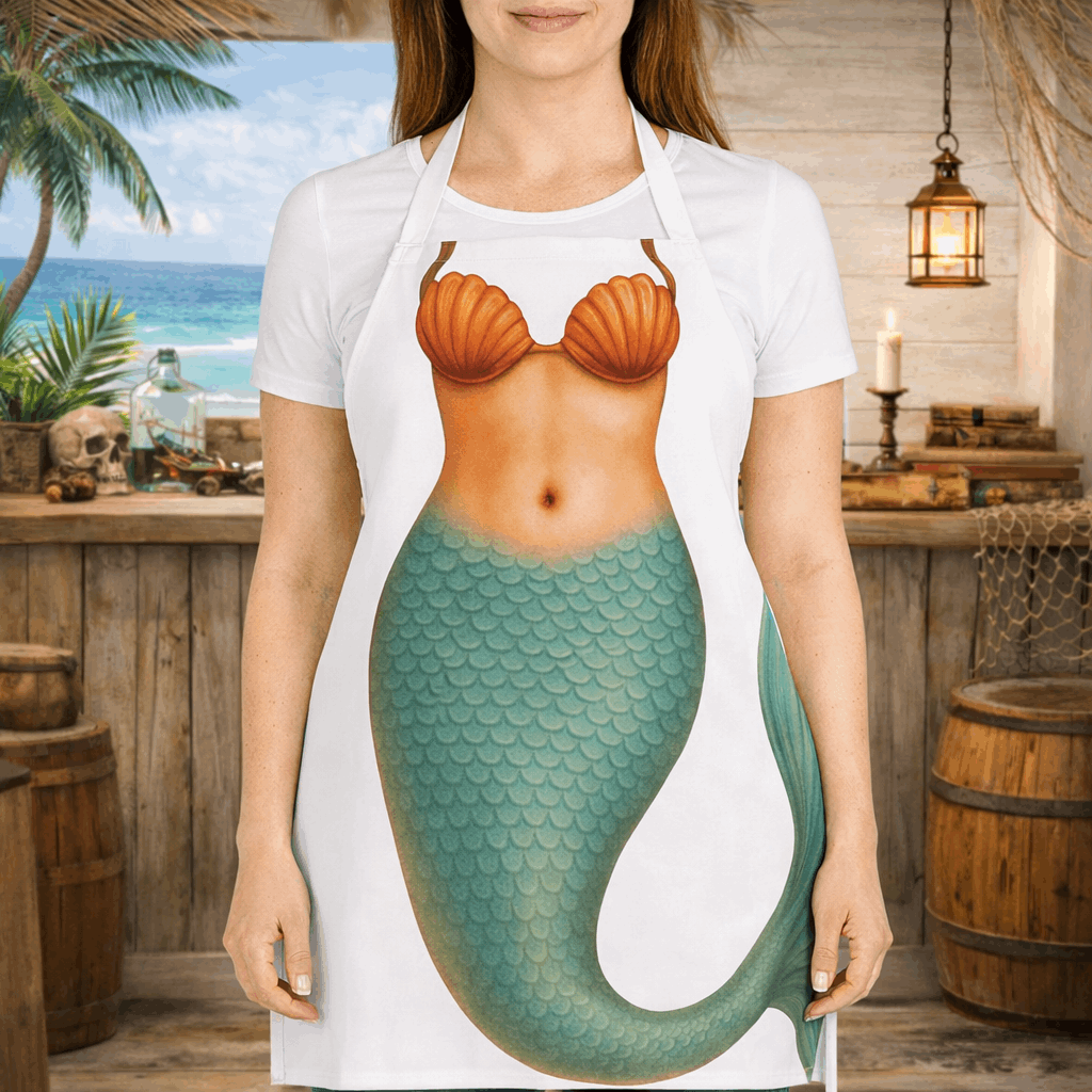 A fun white apron with a mermaid body.