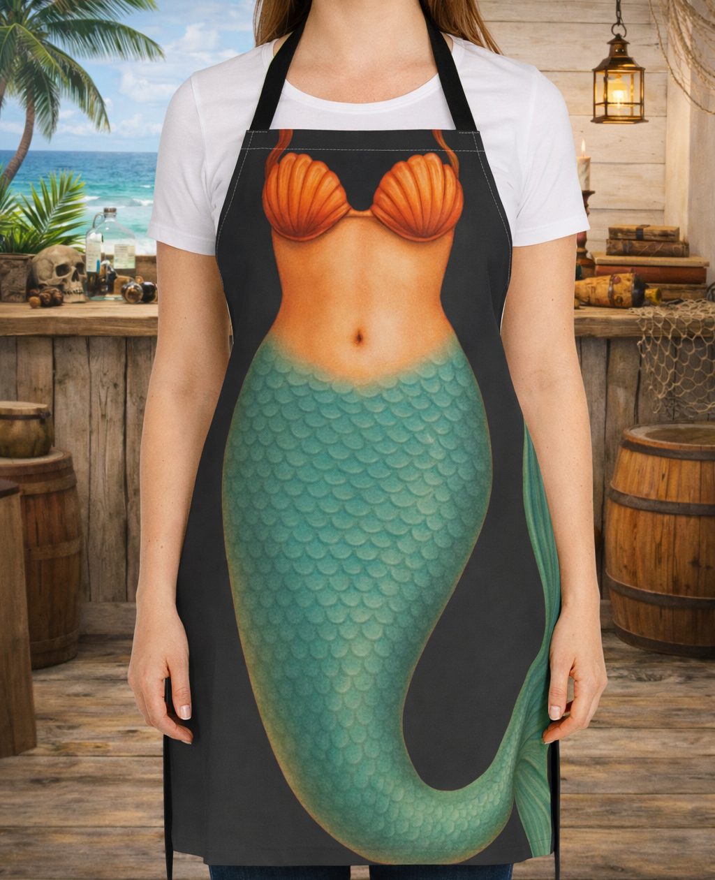 A black apron with a mermaid body.