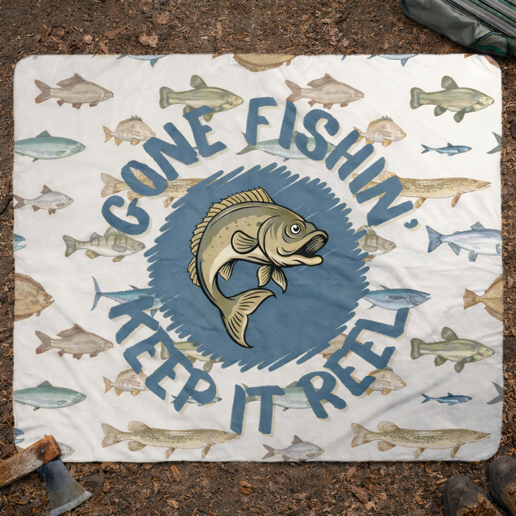 Outdoor blanket with fish illustrations and text 'Gone Fishin' Keep It Real' on a textured surface.