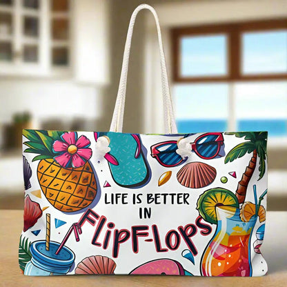 A weekender bag with a white background with pictures of a pineapple, cocktails, seashells and palm tree and says life is better in flip flops