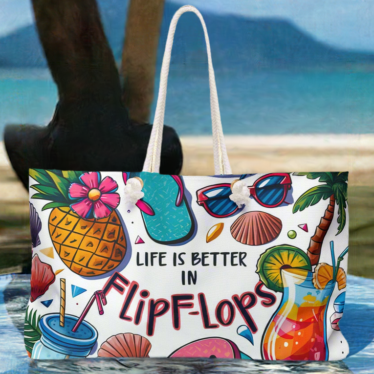 A weekender bag with a white background with pictures of a pineapple, cocktails, seashells and palm tree and says life is better in flip flops