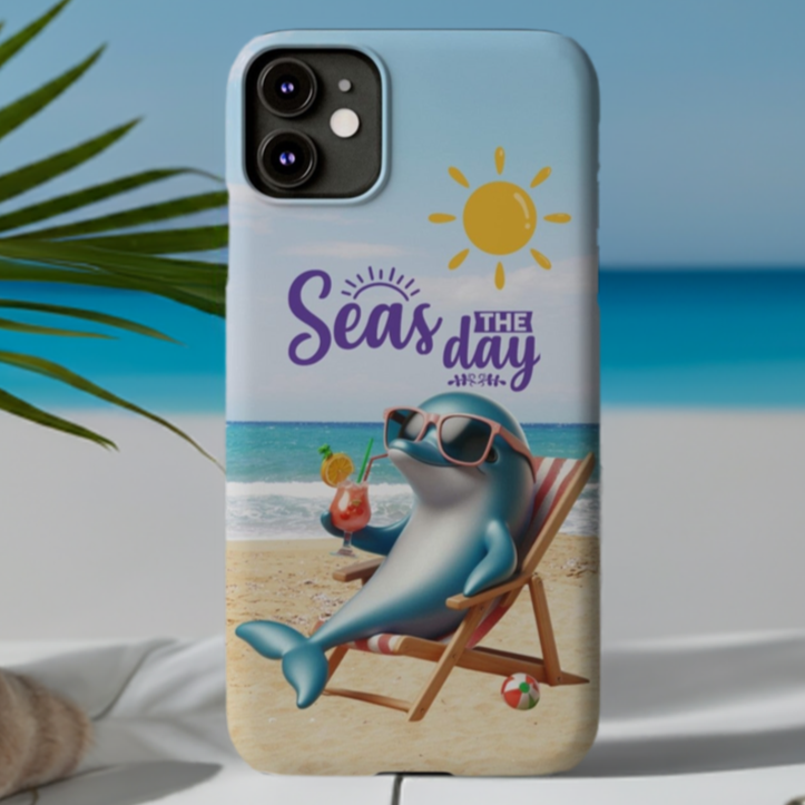 iPhone Case Dolphin sitting in beach lounge chair on beach with text Seas The Day