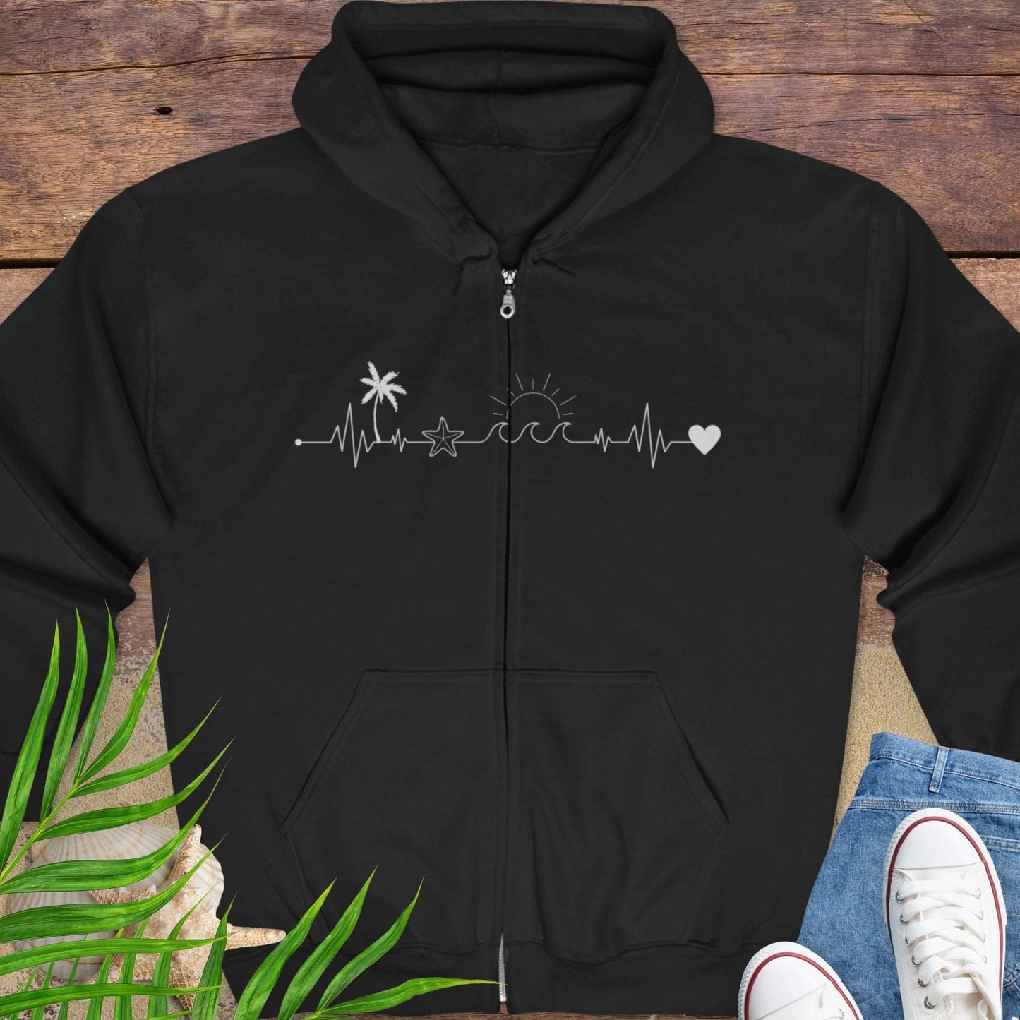 Black zipped hoodie sweatshirt with a palm tree, starfish, sun and heart on a heartline design.