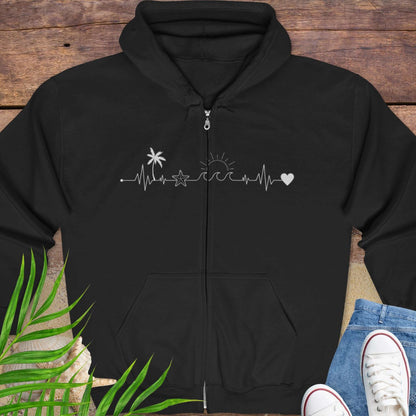 Black zipped hoodie sweatshirt with a palm tree, starfish, sun and heart on a heartline design.