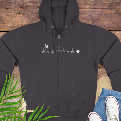Dark Gray zipped hoodie sweatshirt with a palm tree, starfish, sun and heart on a heartline design.