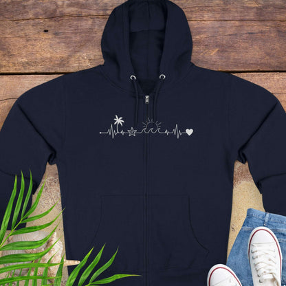 Navy blue zipped hoodie sweatshirt with a palm tree, starfish, sun and heart on a heartline design.