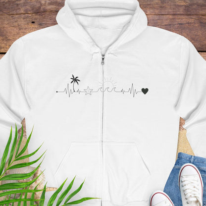 White zipped hoodie sweatshirt with a palm tree, starfish, sun and heart on a heartline design.