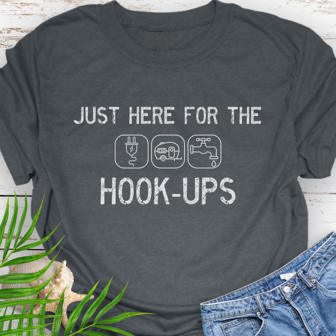 Dark Heather  funny camping t-shirt with ‘Here for the Hook-ups’ text and RV utility icons.